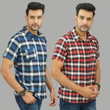 Combo of 2 Men Cotton Checks Shirts Red and Blue-25486
