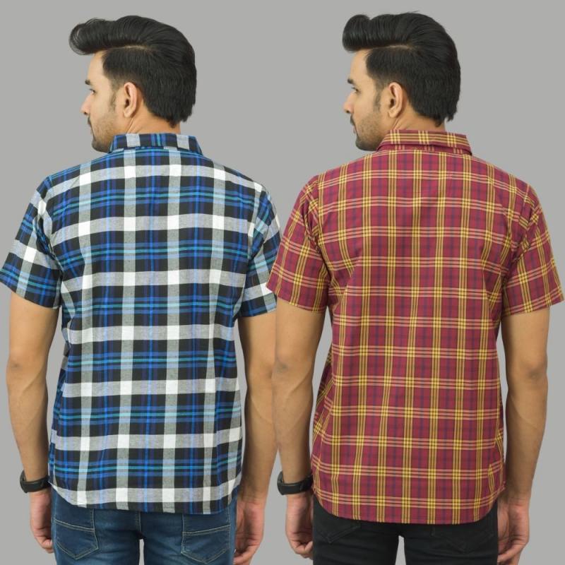 Combo of 2 Men Cotton Checks Shirts Red and Blue