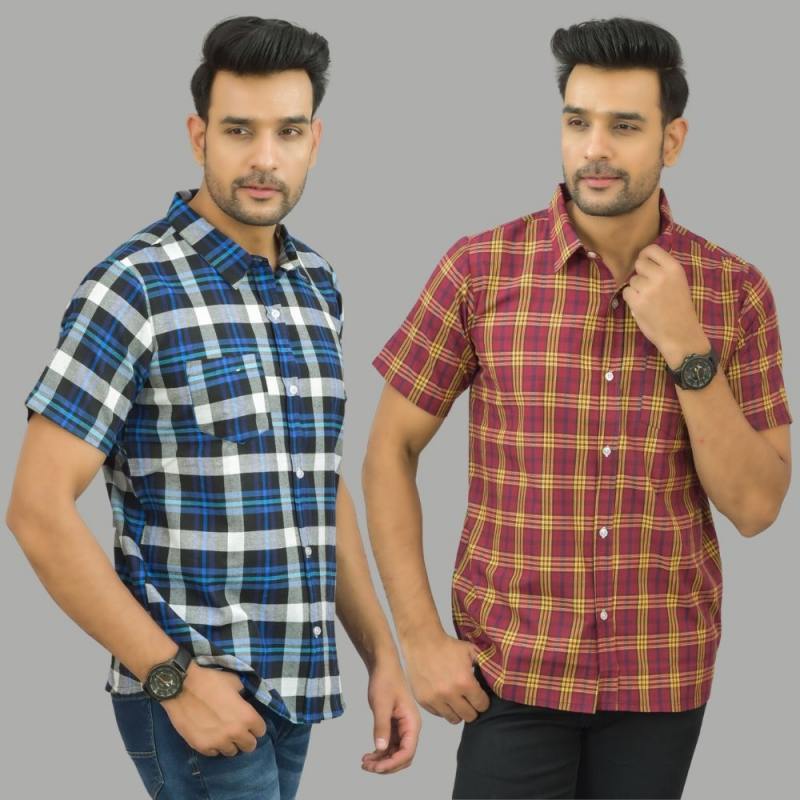 Combo of 2 Men Cotton Checks Shirts Red and Blue