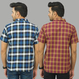 Combo of 2 Men Cotton Checks Shirts Red and Blue