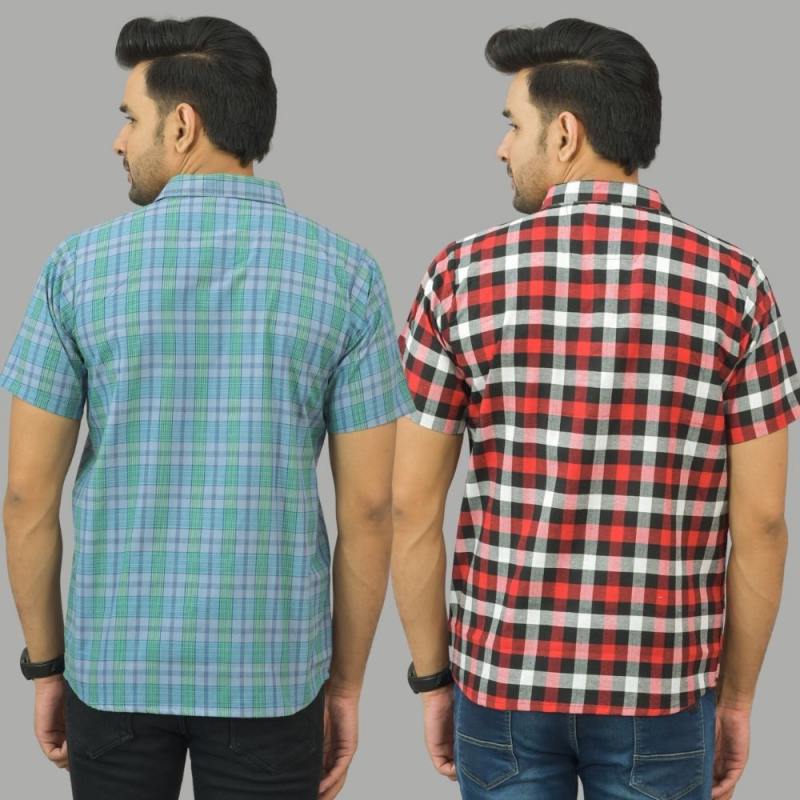 Combo of 2 Men Cotton Checks Shirts Red and Green-25556