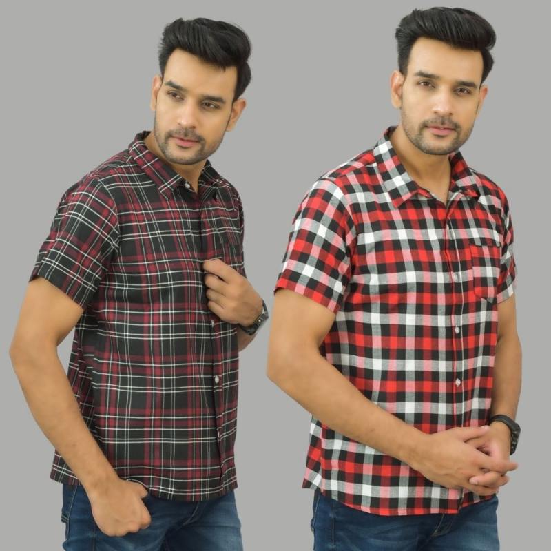 Combo of 2 Men Cotton Checks Shirts Red and Maroon