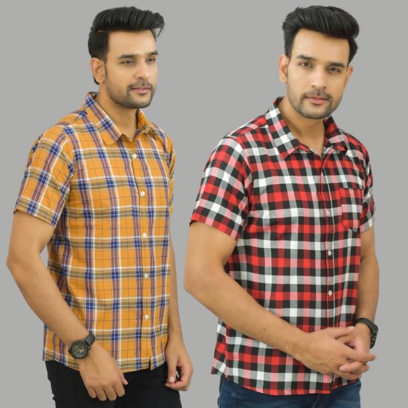 Combo of 2 Men Cotton Checks Shirts Red and Mustard