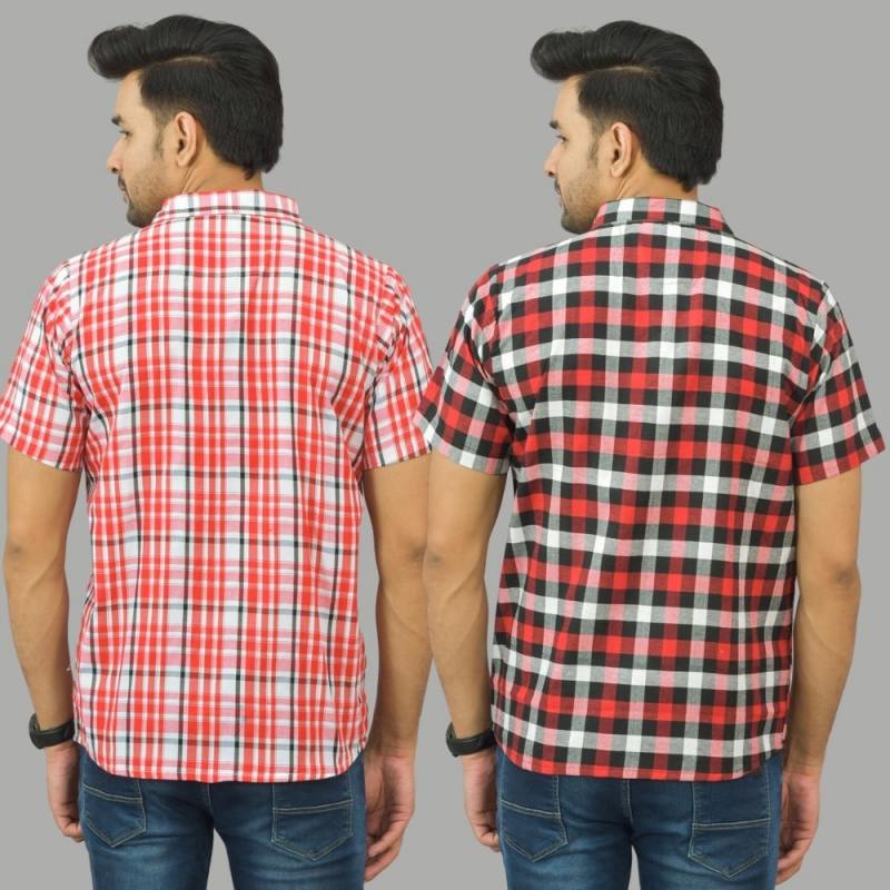 Combo of 2 Men Cotton Checks Shirts Red and Pink