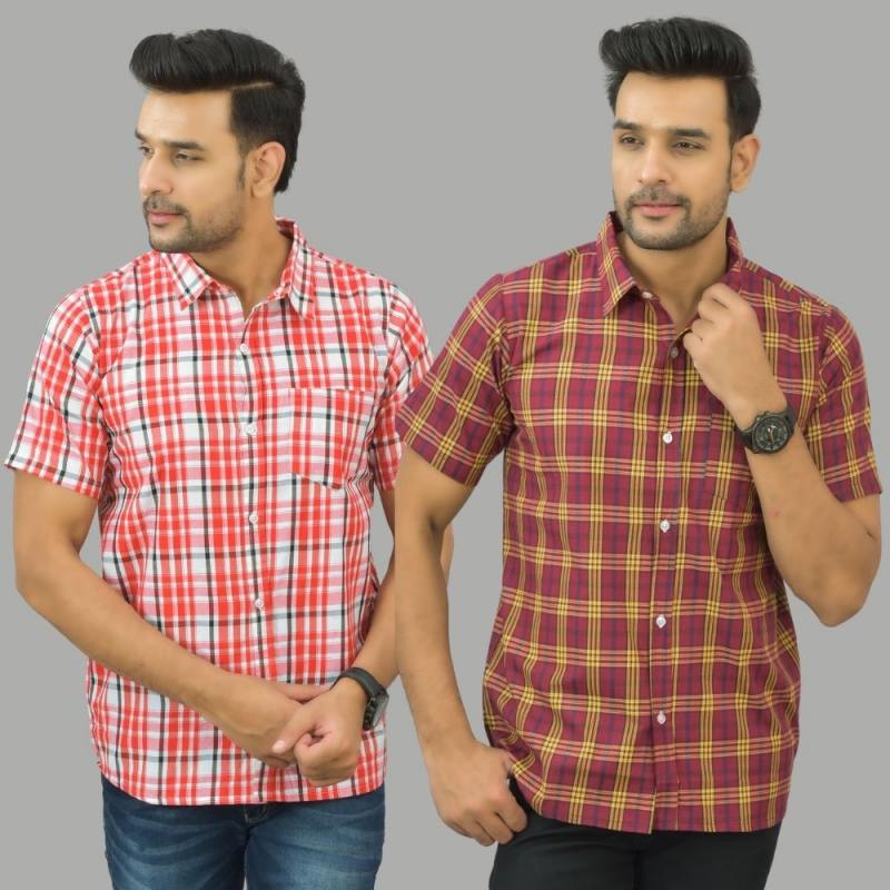 Combo of 2 Men Cotton Checks Shirts Red and Pink