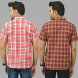 Combo of 2 Men Cotton Checks Shirts Red and Pink