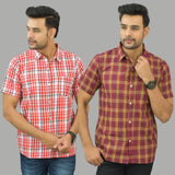 Combo of 2 Men Cotton Checks Shirts Red and Pink