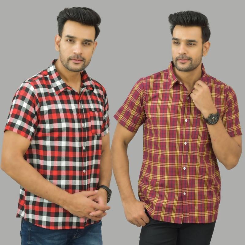Combo of 2 Men Cotton Checks Shirts Red and Red