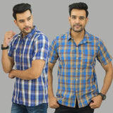 Combo of 2 Men Cotton Checks Shirts Royal Blue and Blue