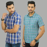 Combo of 2 Men Cotton Checks Shirts Royal Blue and Green