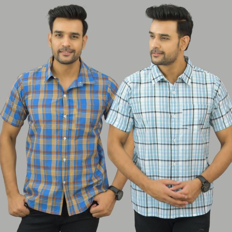 Combo of 2 Men Cotton Checks Shirts Sky Blue and Blue
