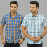 Combo of 2 Men Cotton Checks Shirts Sky Blue and Blue