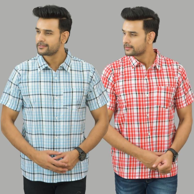 Combo of 2 Men Cotton Checks Shirts Yellow and Green
