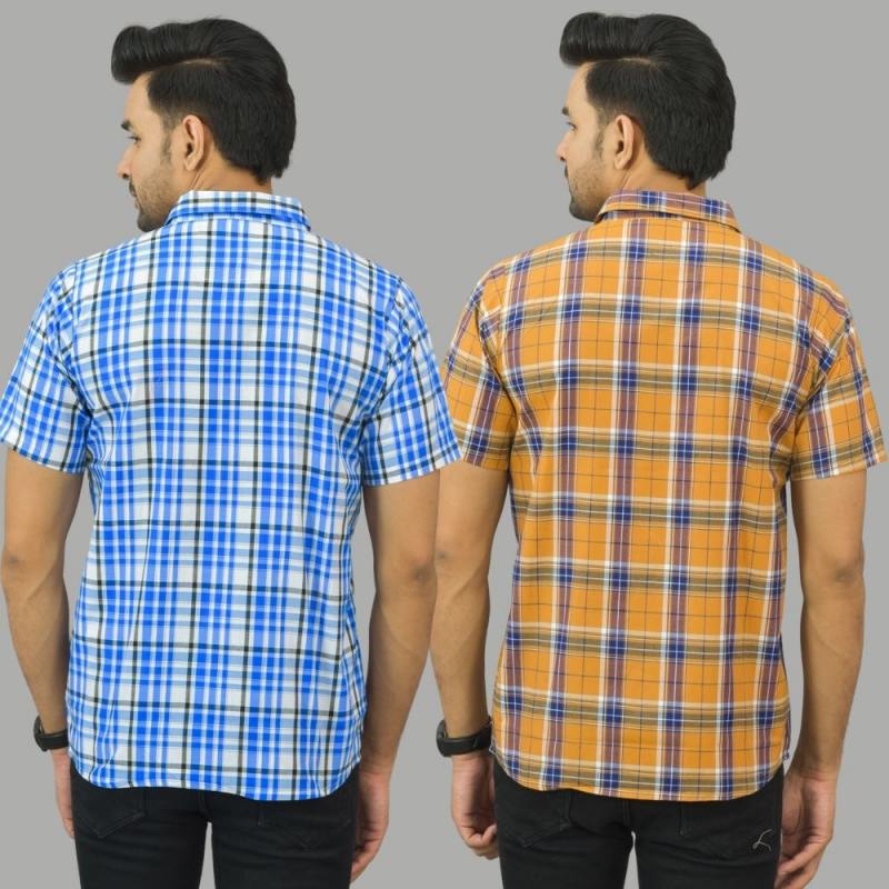 Combo of 2 Men Cotton Checks Shirts White and Mustard