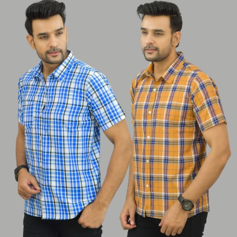 Combo of 2 Men Cotton Checks Shirts White and Mustard