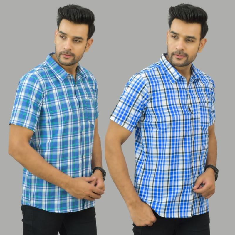 Combo of 2 Men Cotton Checks Shirts White and Sky Blue