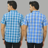 Combo of 2 Men Cotton Checks Shirts White and Sky Blue