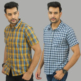 Combo of 2 Men Cotton Checks Shirts Yellow and Blue