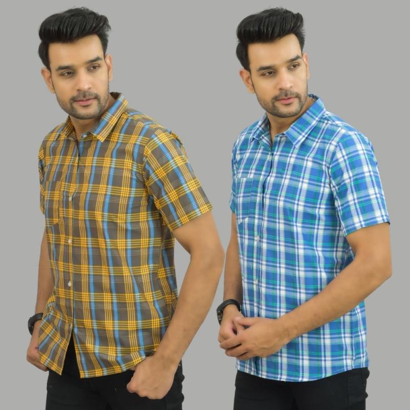 Combo of 2 Men Cotton Checks Shirts Yellow and Sky Blue