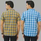 Combo of 2 Men Cotton Checks Shirts Yellow and Sky Blue