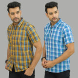 Combo of 2 Men Cotton Checks Shirts Yellow and Sky Blue