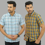 Combo of 2 Men Cotton Checks Shirts Yellow and Sky Blue