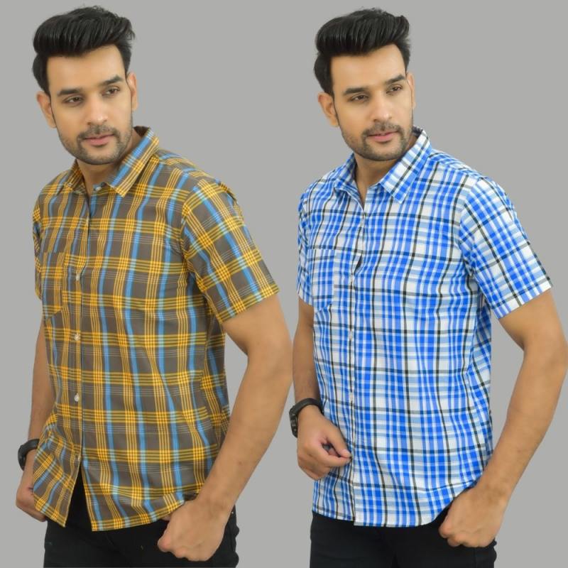 Combo of 2 Men Cotton Checks Shirts Yellow and White