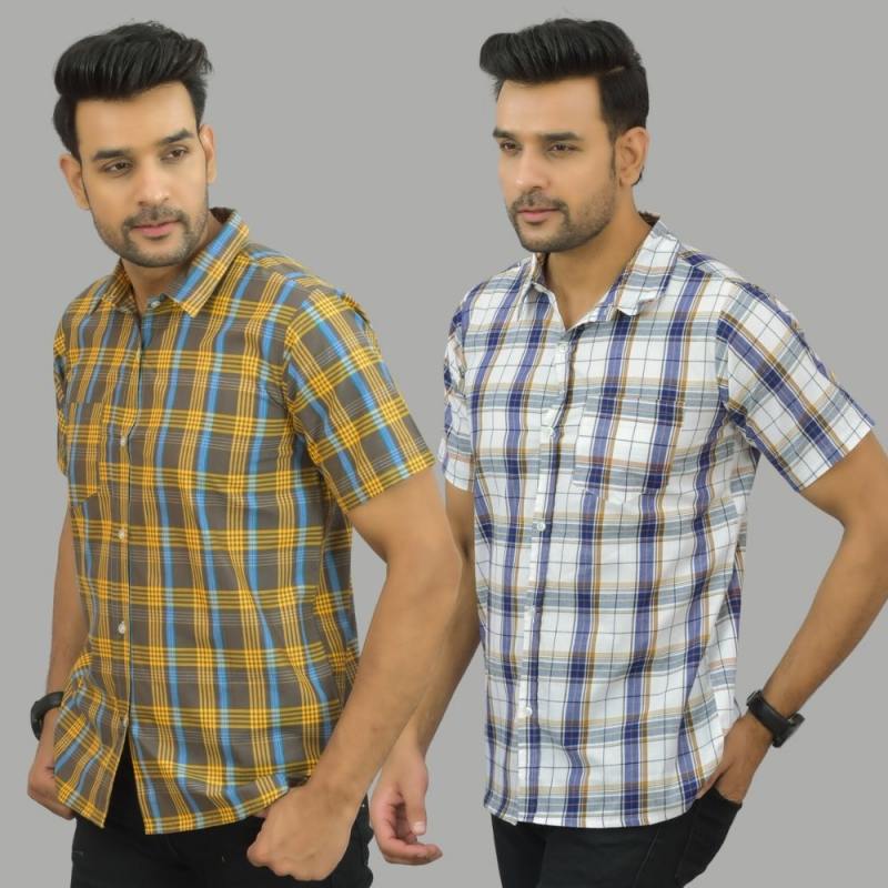 Combo of 2 Men Cotton Checks Shirts Yellow and White