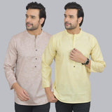 Combo of 2 Men Cotton Self Design Short Kurta Beige and Yellow