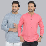 Combo of 2 Men Cotton Self Design Short Kurta Blue and Peach