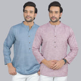 Combo of 2 Men Cotton Self Design Short Kurta Blue and Purple