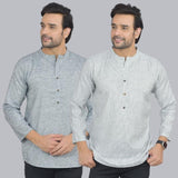 Combo of 2 Men Cotton Self Design Short Kurta Gray and White