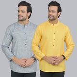 Combo of 2 Men Cotton Self Design Short Kurta Gray and Yellow