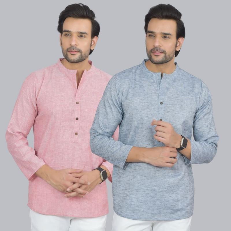 Combo of 2 Men Cotton Self Design Short Kurta Pink and Blue