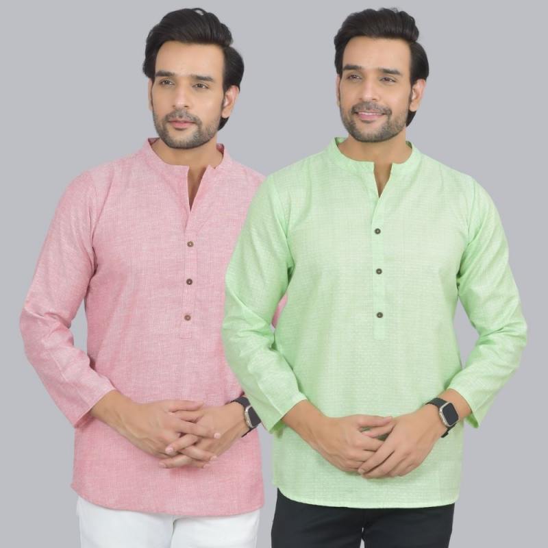 Combo of 2 Men Cotton Self Design Short Kurta Pink and Green