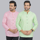 Combo of 2 Men Cotton Self Design Short Kurta Pink and Green