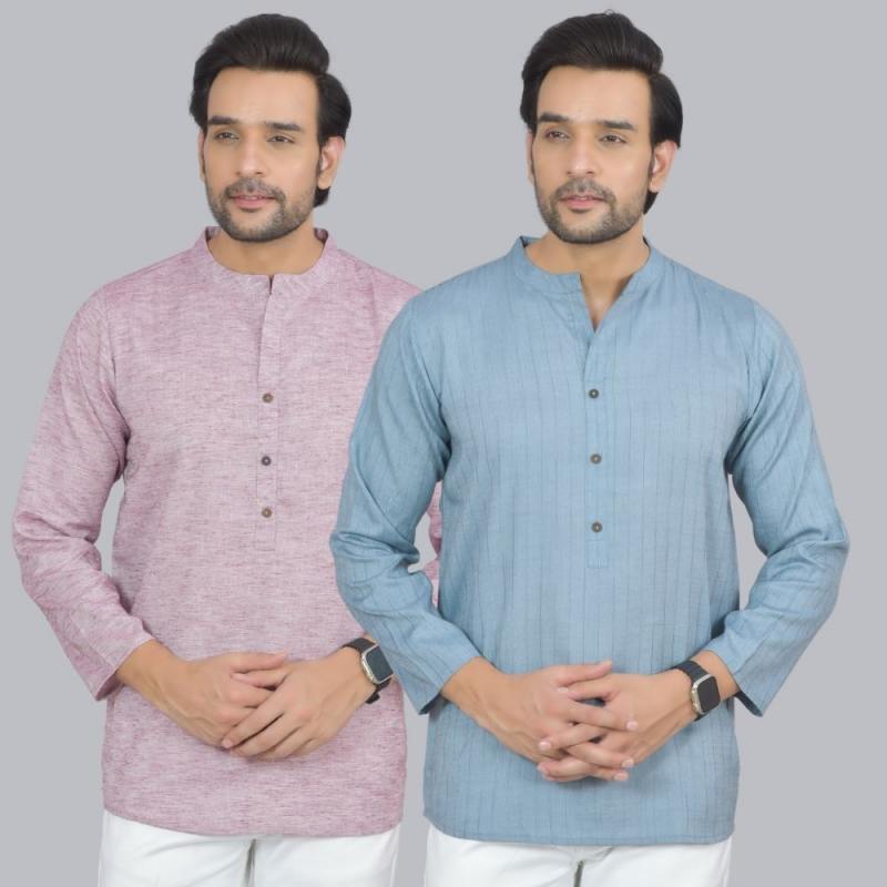 Combo of 2 Men Cotton Self Design Short Kurta Purple and Blue