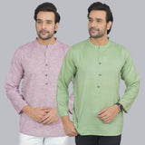 Combo of 2 Men Cotton Self Design Short Kurta Purple and Green