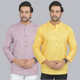Combo of 2 Men Cotton Self Design Short Kurta Purple and Yellow