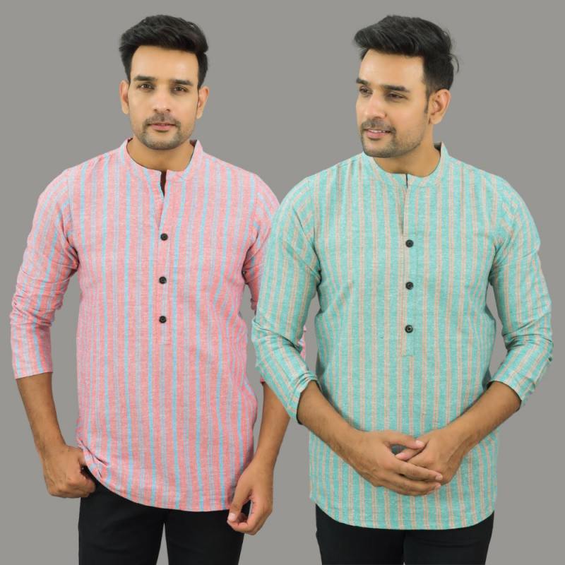 Combo Of 2 Men Cotton Stripe Short Kurta