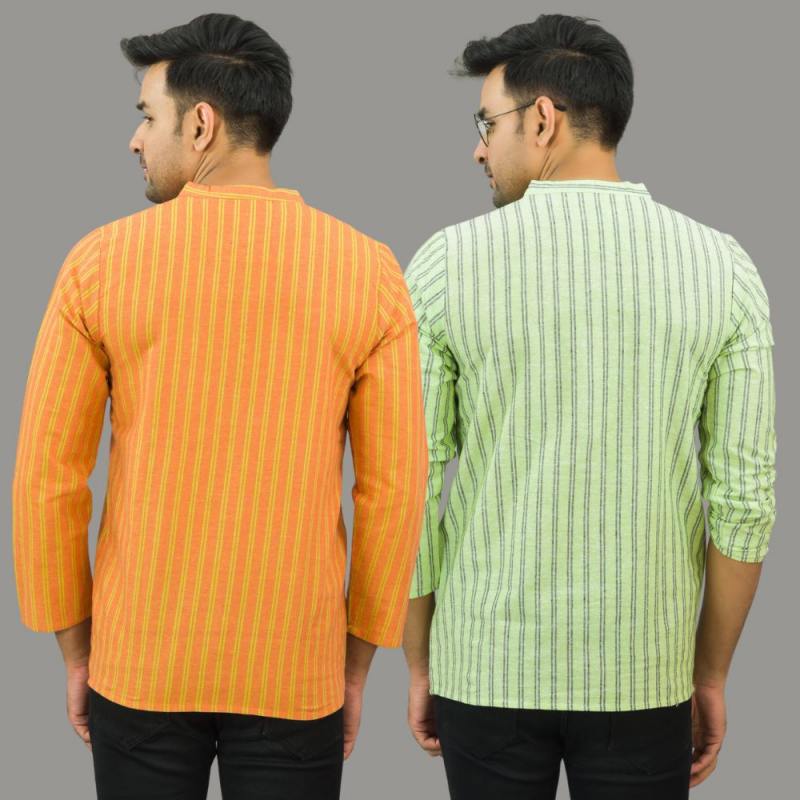 Combo of 2 Men Cotton Stripe Short Kurta Mint Green and Orange