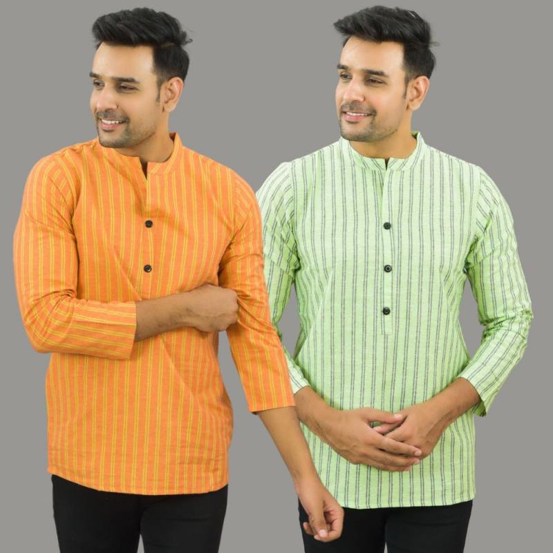 Combo of 2 Men Cotton Stripe Short Kurta Mint Green and Orange