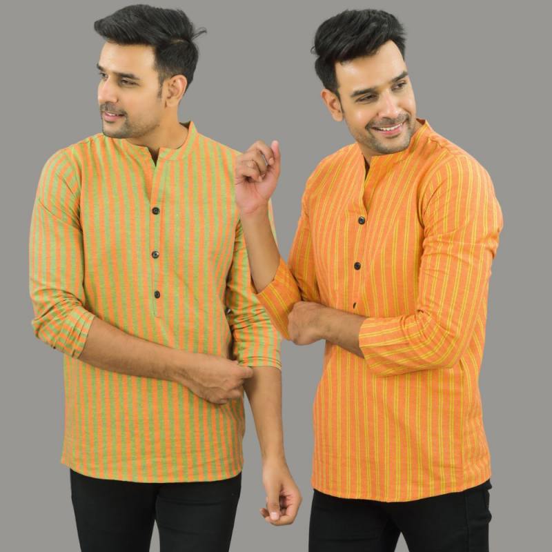 Combo of 2 Men Cotton Stripe Short Kurta Olive Green and Orange