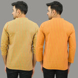 Combo of 2 Men Cotton Stripe Short Kurta Olive Green and Orange