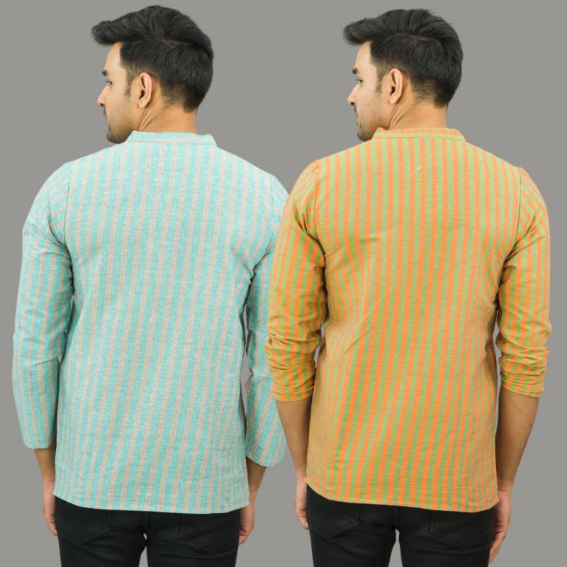 Combo of 2 Men Cotton Stripe Short Kurta Olive Green and Sky Blue