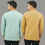 Combo of 2 Men Cotton Stripe Short Kurta Olive Green and Sky Blue