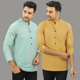 Combo of 2 Men Cotton Stripe Short Kurta Olive Green and Sky Blue