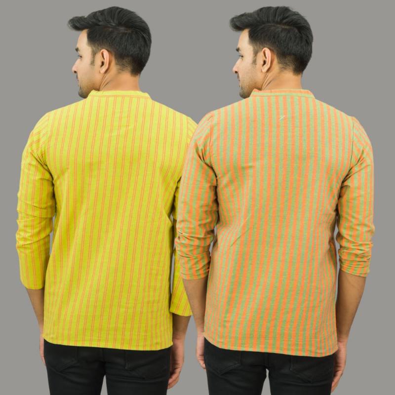 Combo of 2 Men Cotton Stripe Short Kurta Olive Green and Yellow