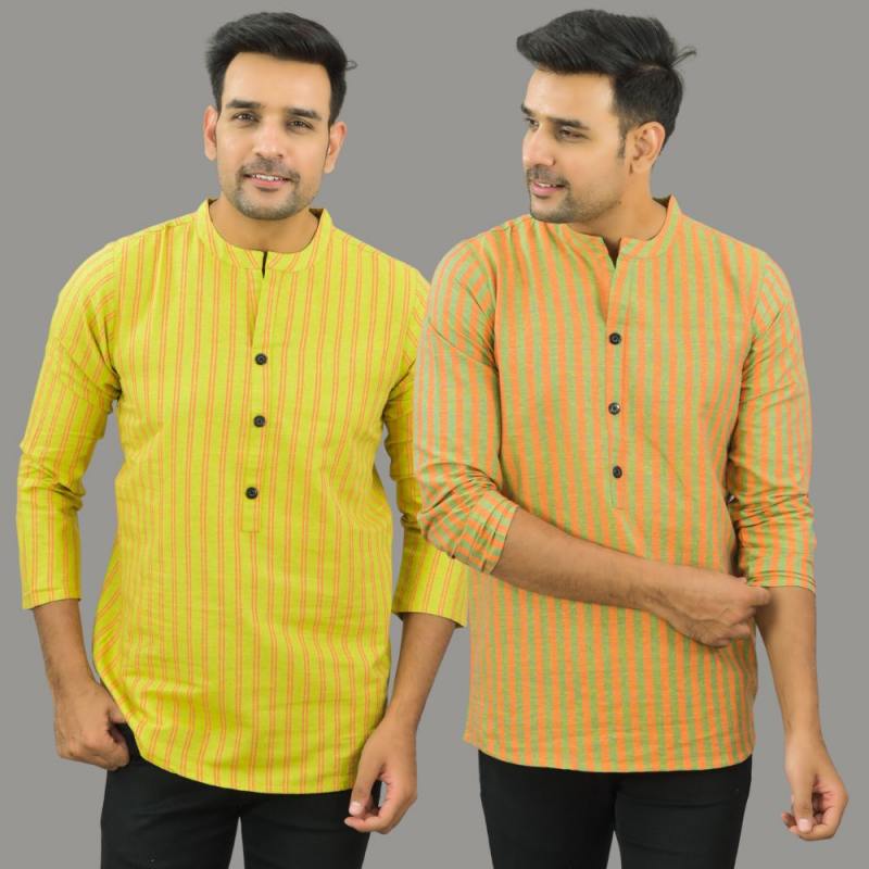 Combo of 2 Men Cotton Stripe Short Kurta Olive Green and Yellow