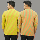 Combo of 2 Men Cotton Stripe Short Kurta Olive Green and Yellow